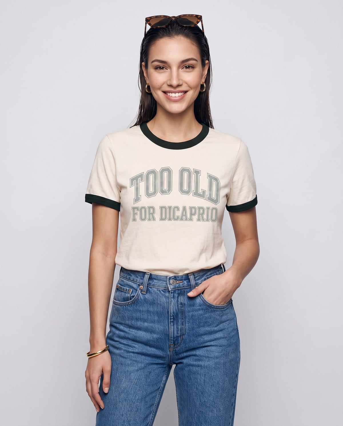 Too Old For DiCaprio Varsity Ringer Tee