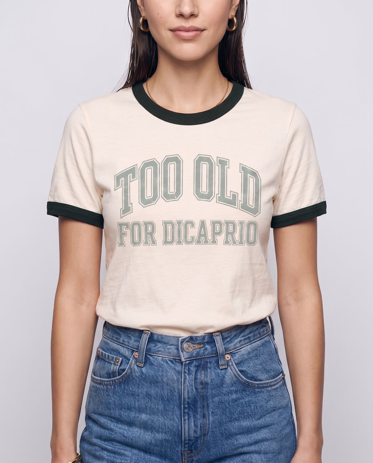 Too Old For DiCaprio Varsity Ringer Tee