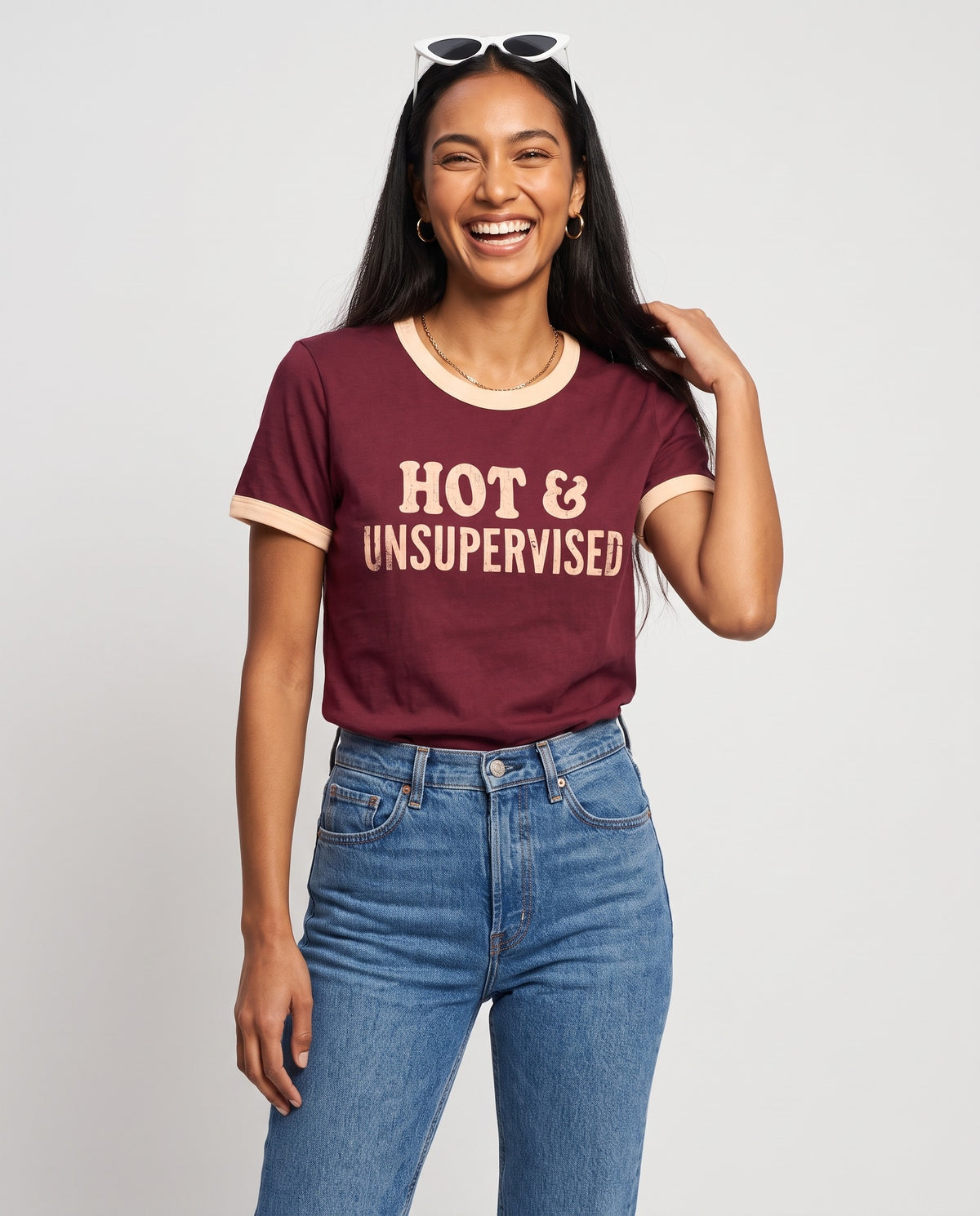 Hot & Unsupervised Ringer Tee · Wine Red