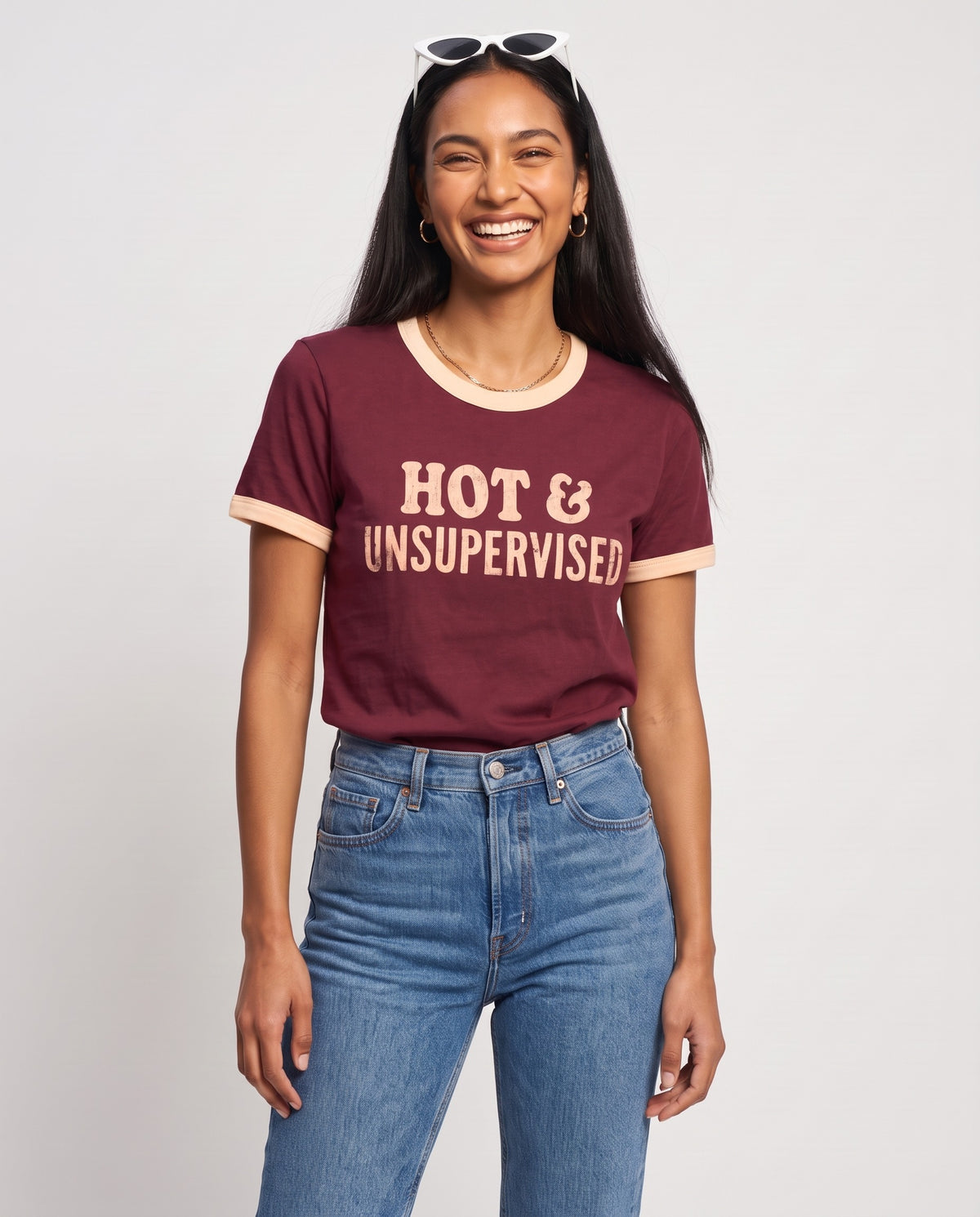 Hot & Unsupervised Ringer Tee · Wine Red