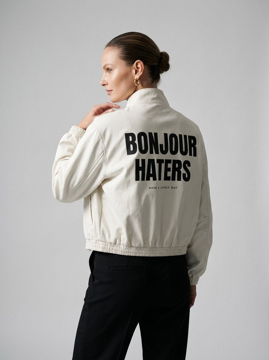 Bonjour Haters bomber, white, back